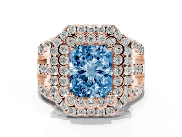 Fancy Blue Radiant Cut Diamond Double Halo Ring with Round Pavé Split Shank and Prong Setting Rose gold