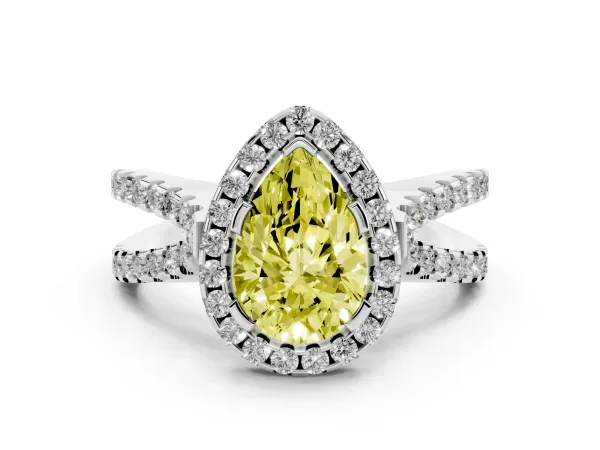 Fancy Yellow Pear Cut Diamond Halo Ring with Split Shank Pavé Band and Prong Setting Platinum