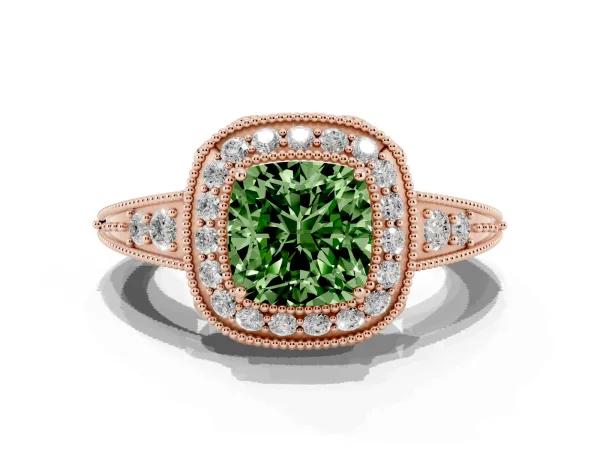 Fancy Green Cushion Cut Halo Diamond Split Shank Ring with Milgrain Detail Rose gold