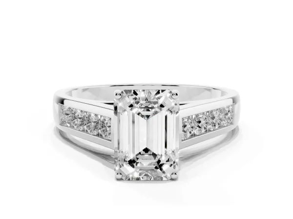 Emerald Cut Brilliant Channel-Set Solitaire Ring with Four-Prong Setting White gold