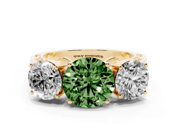 Fancy Green Round Cut Diamond Three-Stone Ring with Prong Setting and Textured Band Yellow gold