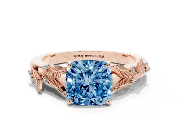 Fancy Blue Cushion Cut Diamond Solitaire Ring with Leaf Motif Band and Four-Prong Setting Rose gold