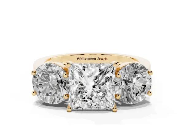 Three-Stone Princess Cut Diamond Engagement Ring with Prong Setting on a Classic Band Yellow gold