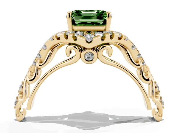 Fancy Green Asscher Cut Diamond Solitaire Ring with Hidden Halo and Pavé Band Yellow gold