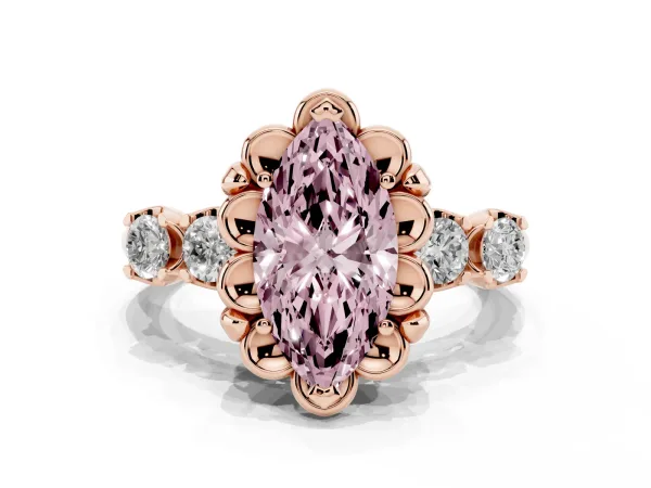 Fancy Pink Marquise Cut Cut Diamond Floral Halo Engagement Ring with Shared Prong Setting Rose gold
