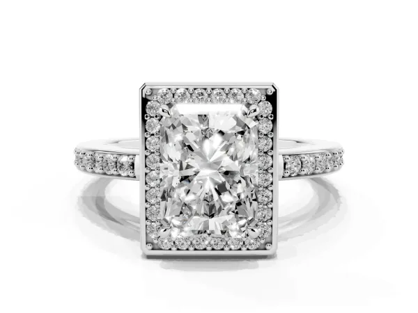 Radiant Cut Halo Pave Band Solitaire Ring with Prong Setting White gold