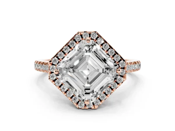 Asscher Cut Diamond Cushion Halo Ring with Pavé Band Rose gold
