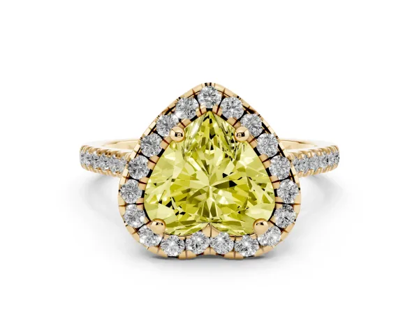 Fancy Yellow Heart Cut Diamond Cushion Halo Ring with Pavé Band Yellow gold