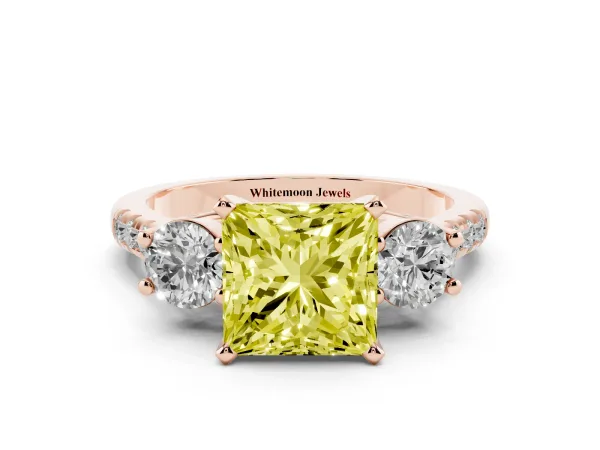 Fancy Yellow Three-Stone Princess Cut Diamond Pavé Band with Four-Prong Setting Rose gold