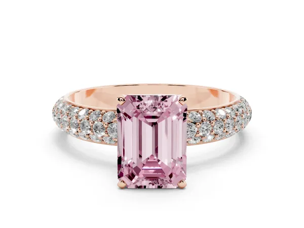 Fancy Pink Emerald Cut Diamond Solitaire Ring with Prong Setting and Pavé Band Rose gold