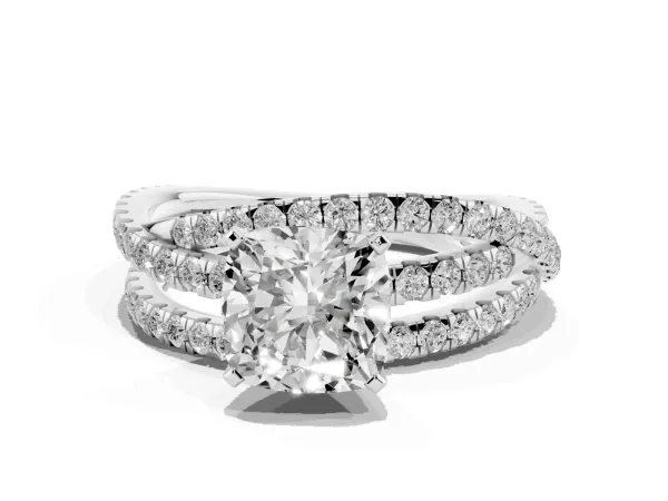 Cushion Cut Solitaire Twist Band with Pavé Setting and Four-Prong Setting White gold