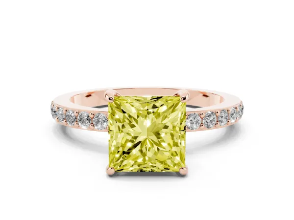 Fancy Yellow Princess Cut Diamond Solitaire Engagement Ring with Pavé Band and Four-Prong Setting Rose gold