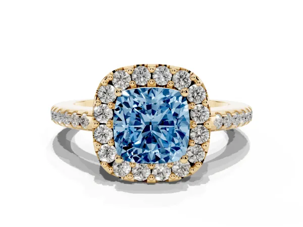 Fancy Blue Cushion Cut Diamond Pavé Halo Ring with Four-Prong Setting Yellow gold