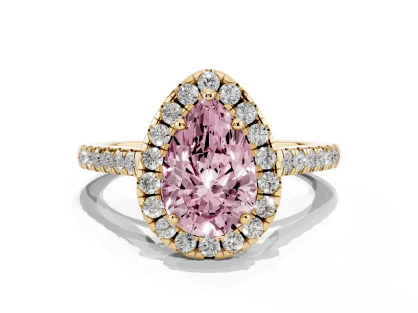 Fancy Pink Pear Cut Halo Pavé Diamond Engagement Ring with Four-Prong Setting Yellow gold