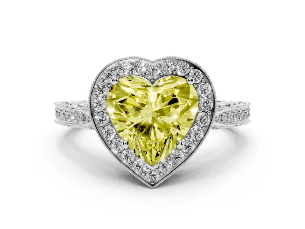 Fancy Yellow Heart Cut Halo Diamond Engagement Ring with Split Shank Band and Four-Prong Setting Platinum