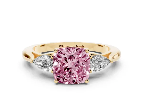 Fancy Pink Cushion Cut Diamond Three-Stone Ring with Pear Side Stones and Prong Setting Yellow gold