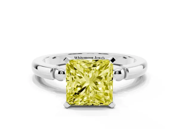 Fancy Yellow Princess Cut Solitaire Beaded Band with Four-Prong Setting White gold