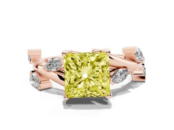 Fancy Yellow Princess Cut Solitaire Twisted Band Marquise Accent Prong Setting Ring Rose gold