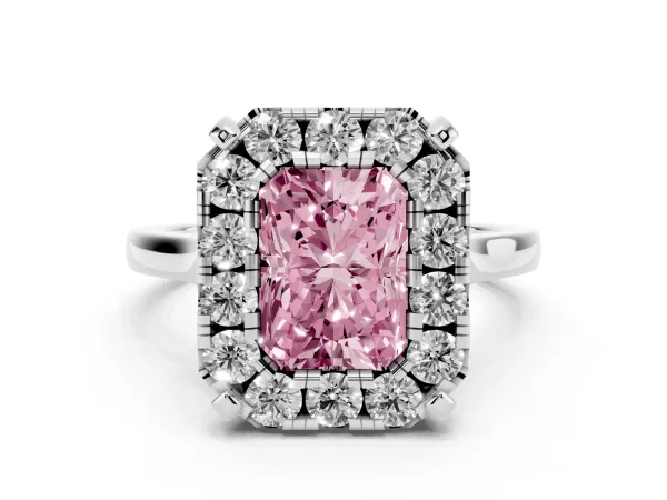 Fancy Pink Radiant Cut Diamond Cluster Halo Solitaire with Four-Prong Setting White gold