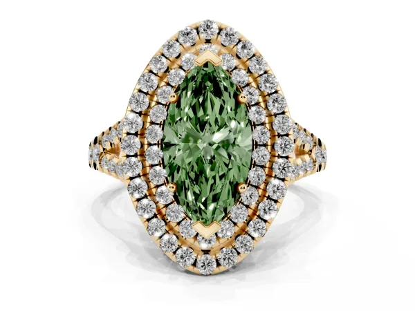Fancy Green Double Halo Marquise Cut Diamond Pavé Split Shank Ring with Prong Setting Yellow gold