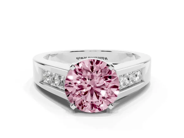Fancy Pink Round Cut Cut Channel Set Solitaire Ring with Four-Prong Setting Platinum