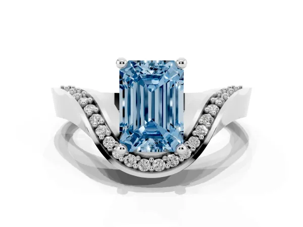 Fancy Blue Emerald Cut Solitaire Diamond Engagement Ring with Pave Band and Four-Prong Setting White gold