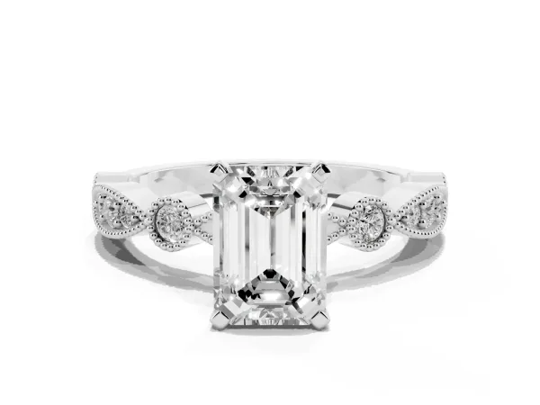 Emerald Cut Milgrain Bezel Diamond Engagement Ring with Solitaire Prong Setting Platinum