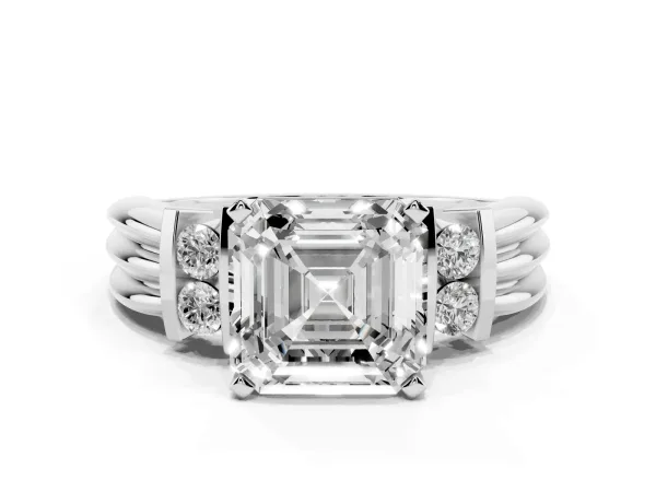 Asscher Cut Cut Three-Stone Channel Set Ring with Bar Prongs White gold