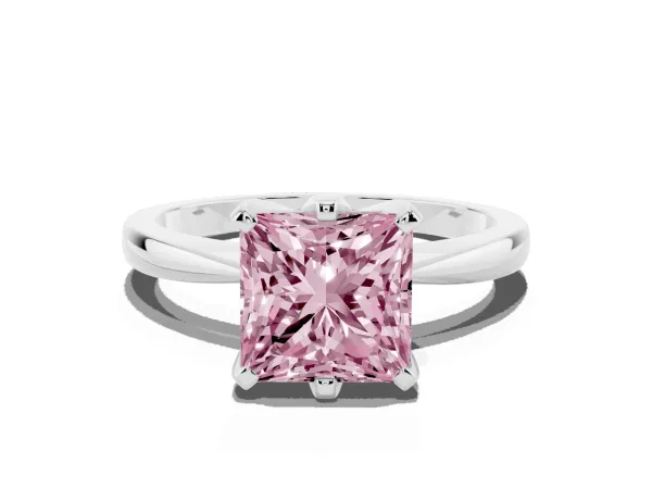 Fancy Pink Princess Cut Solitaire Engagement Ring with Six-Prong Setting and Tapered Band Platinum