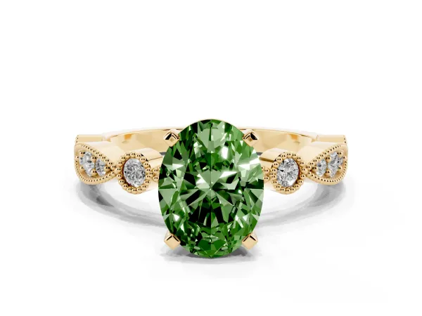 Fancy Green Oval Cut Milgrain Bezel Diamond Engagement Ring with Solitaire Prong Setting Yellow gold