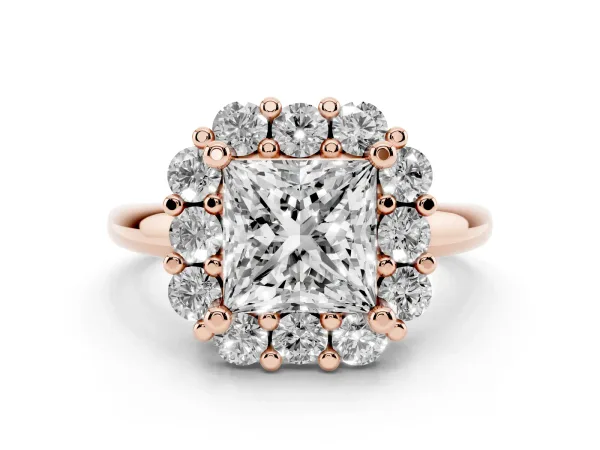 Princess Cut Halo Cluster Diamond Engagement Ring with Prong Setting and Polished Band Rose gold