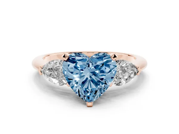 Fancy Blue Three-Stone Heart Cut Diamond Ring with Pear Side Stones and Four-Prong Setting Rose gold