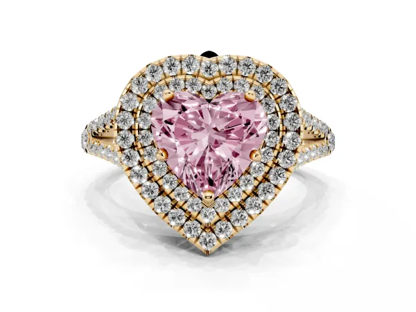 Fancy Pink Heart Cut Diamond Double Halo Ring with Pavé Band and Prong Setting Yellow gold