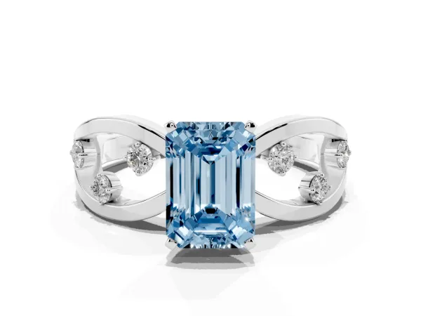 Fancy Blue Emerald Cut Cut Solitaire Diamond with Side Stones on Criss-Cross Band and Four-Prong Setting White gold
