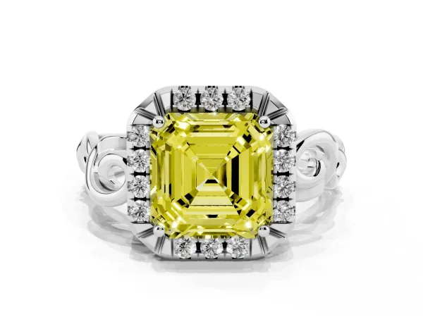 Fancy Yellow Asscher Cut Cut Halo Diamond Ring with Scrollwork Band and Four-Prong Setting Platinum