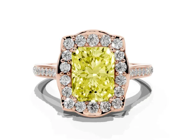Fancy Yellow Radiant Cut Halo Round Diamond Pave Band with Four-Prong Setting Rose gold