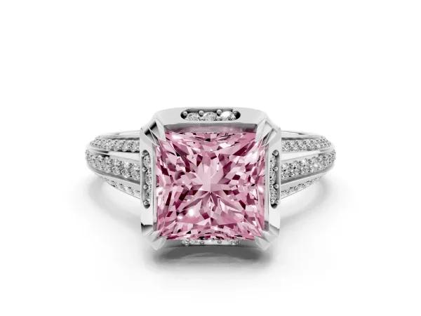 Fancy Pink Princess Cut Solitaire Pave Split Shank Ring with Four-Prong Setting Platinum