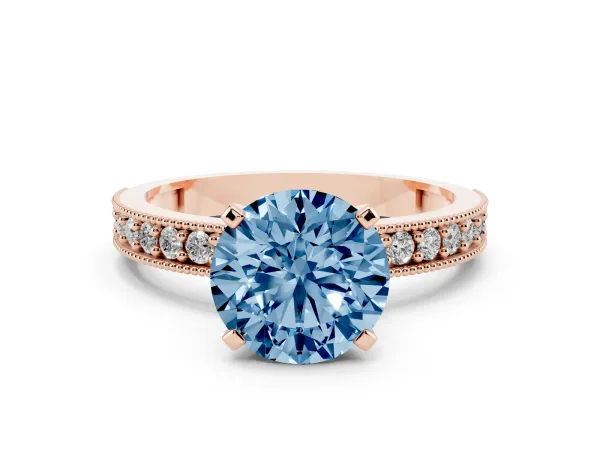 Fancy Blue Round Cut Diamond Milgrain Pavé Engagement Ring with Four-Prong Setting Rose gold