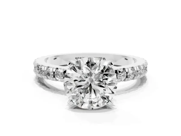 Round Cut Diamond Pavé Band Solitaire with Four-Prong Setting Platinum