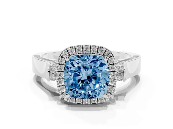 Fancy Blue Cushion Cut Halo Pave Split Shank Prong Setting Ring White gold