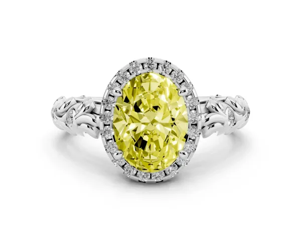 Fancy Yellow Oval Cut Diamond Halo Ring with Filigree Band and Prong Setting White gold