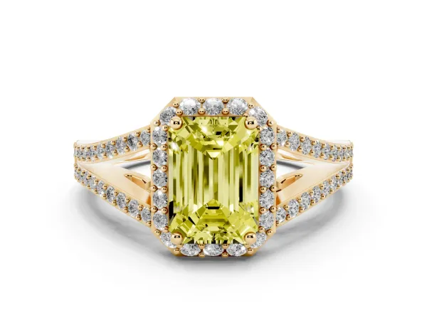 Fancy Yellow Emerald Cut Halo Split Shank Pave Diamond Ring with Four-Prong Setting Yellow gold