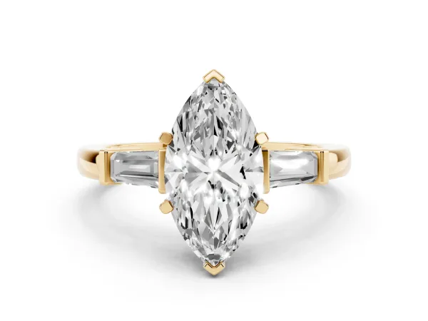 Marquise Cut Cut Diamond Solitaire Ring with Tapered Baguette Accents and Four-Prong Setting Yellow gold