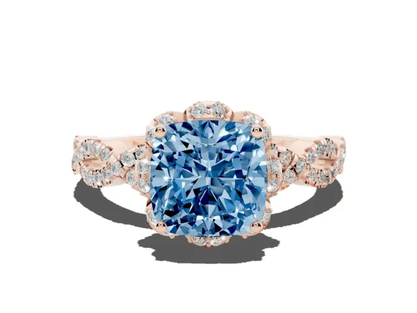 Fancy Blue Cushion Cut Halo Twist Band Solitaire Ring with Six-Prong Setting Rose gold