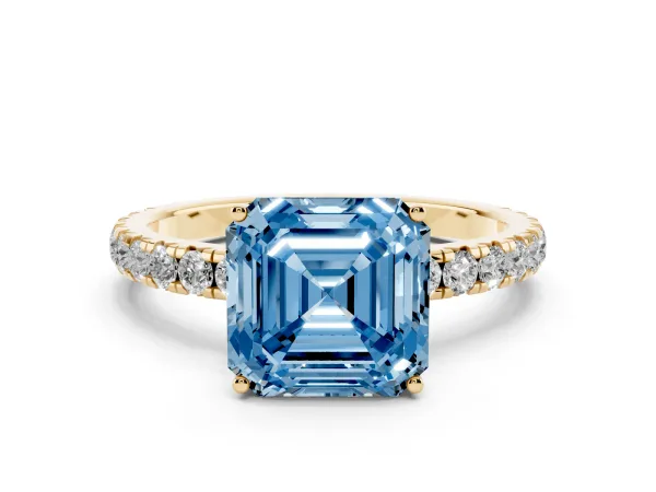 Fancy Blue Asscher Cut Diamond Pavé Solitaire Engagement Ring with Four-Prong Setting Yellow gold
