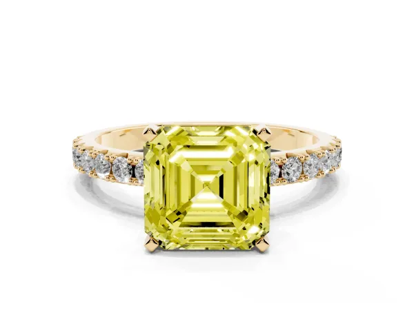 Fancy Yellow Asscher Cut Diamond Solitaire Pavé Band with Four-Prong Setting Yellow gold
