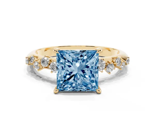 Fancy Blue Princess Cut Diamond Cluster Side Stone Solitaire Ring with Prong Setting Yellow gold