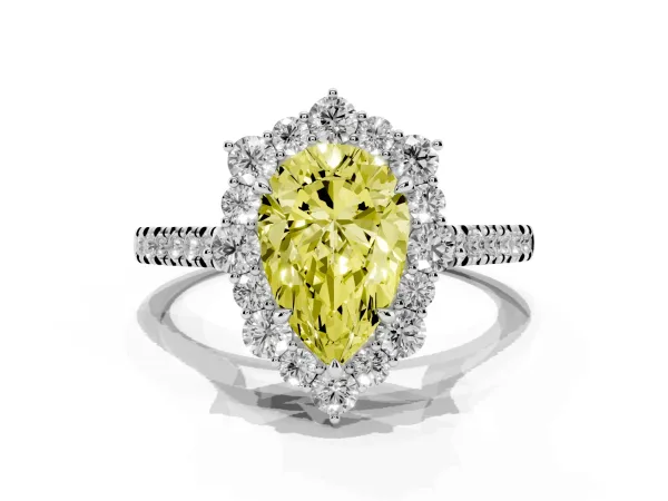 Fancy Yellow Pear Cut Halo Diamond Ring with Pavé Band and Prong Setting Platinum