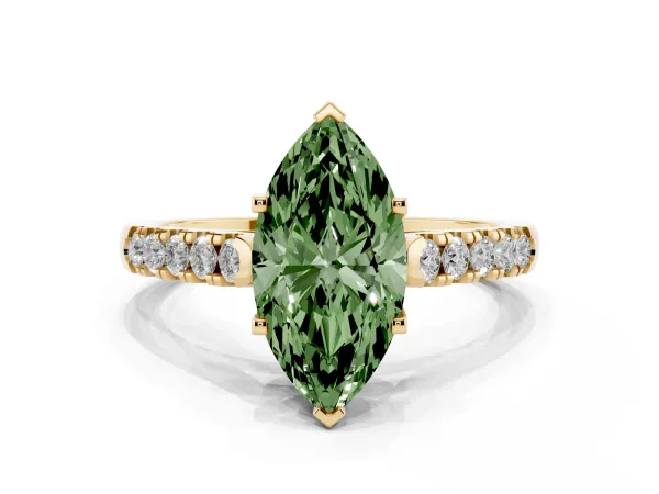 Fancy Green Marquise Cut Diamond Pavé Band Solitaire Ring with Prong Setting Yellow gold
