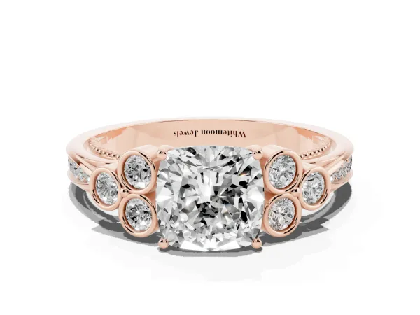 Cushion Cut Cut Diamond Engagement Ring with Bezel Set Round Side Stones and Prong Setting Rose gold